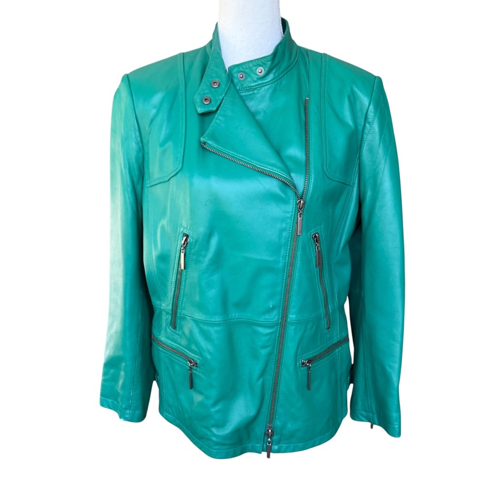 Lucia Green Lamb Nappa Leather Moto Jacket‎ Asymmetrical Zip Emerald Womens 38